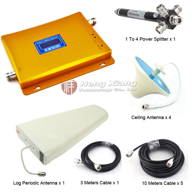 GSM 900Mhz Cell Phone Signal Booster GSM 980 Signal Repeater with 1 to 4 Power Splitter / Log Periodic Antenna / Ceiling Antenna