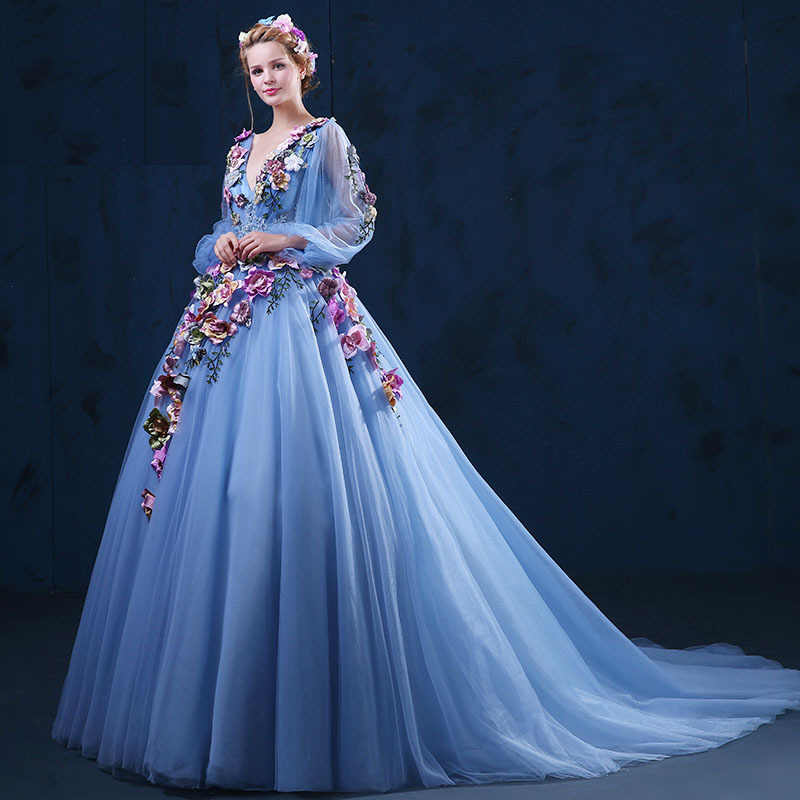 Top Sale Blue Organza Wedding Dress Embroidered Appliques Victorian  Dress