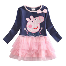 Nova Kids 2015 new style Fashion O-neck navy Long Sleeve Cartoon Character Printed with voile or mesh Spring Autumn girl dress
