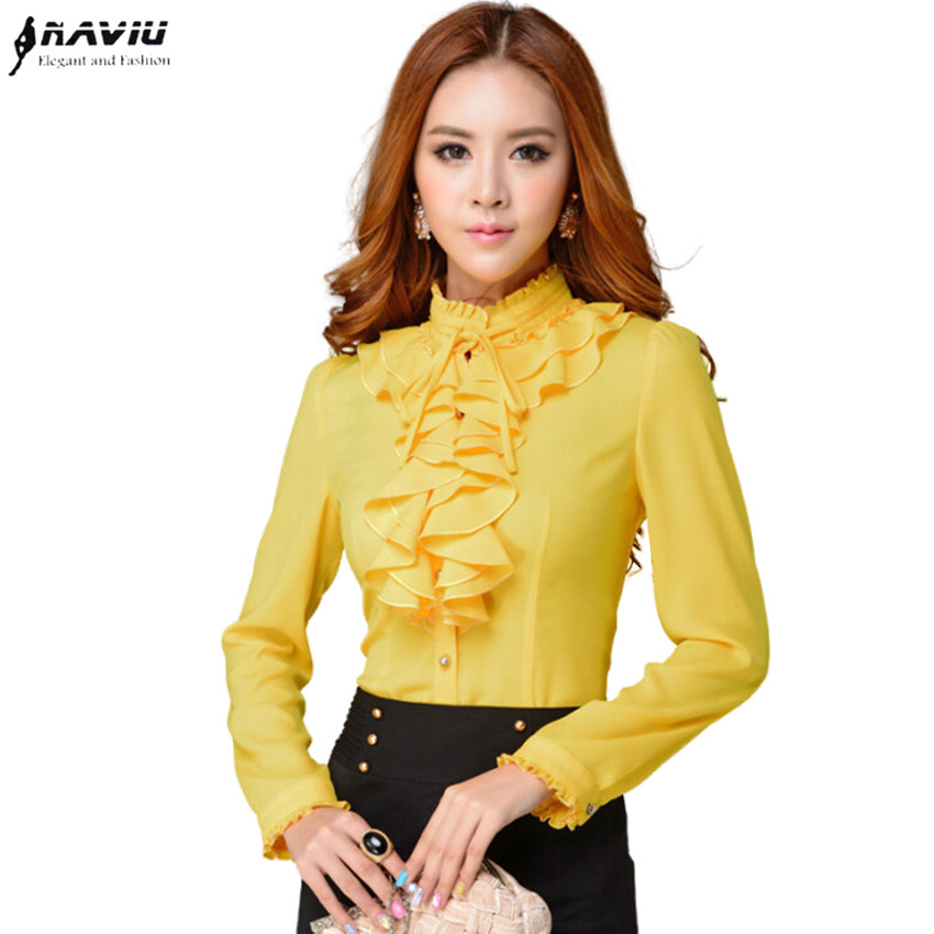 Fashion stand collar long sleeve yellow female shirt OL office Formal