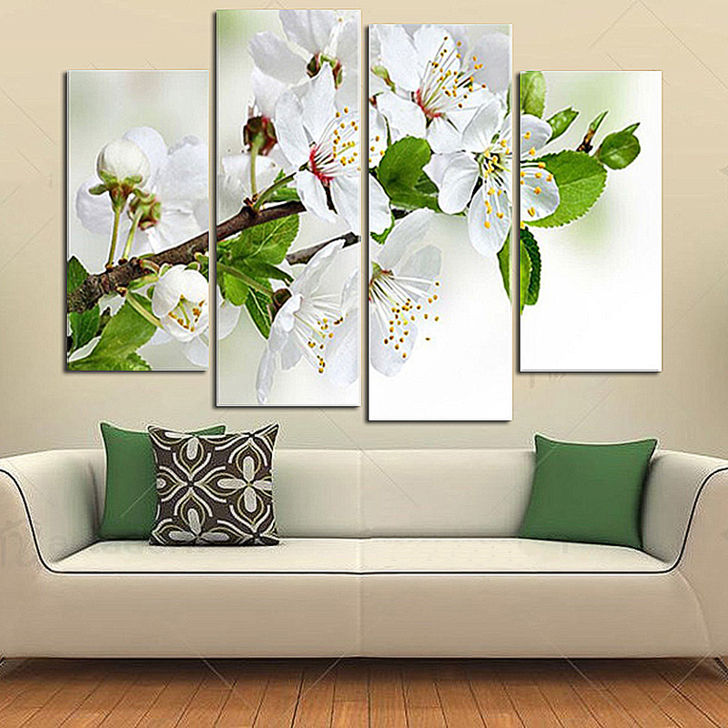 Unframed 4 Panel White Pear Blossom Flower Larage HD Print Painting Modern Oil Painting For Living Room Home Wall Decoration