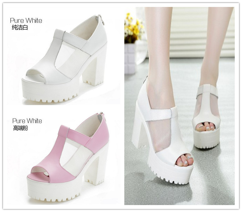 2015 Summer Hot Women Ankle Boots Lace Women Platform Pumps Sandals White Mesh High Heels Sexy Peep Toe Sandals Shoes