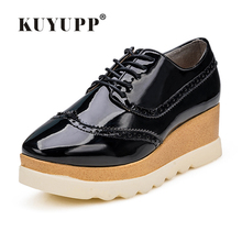 2016 Fashion Trick Bottom Women Oxfords Square Toe Patent Leather Platform Ladies Shoes Lace up Brogue Shoes Women Creeper PX149