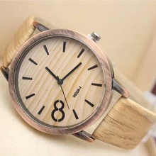 2015 New Women Quartz Watch Simulation Wood Grain Print Big Dial Bamboo Watch PU Leather Band Dress Watch Casual Wristwatch