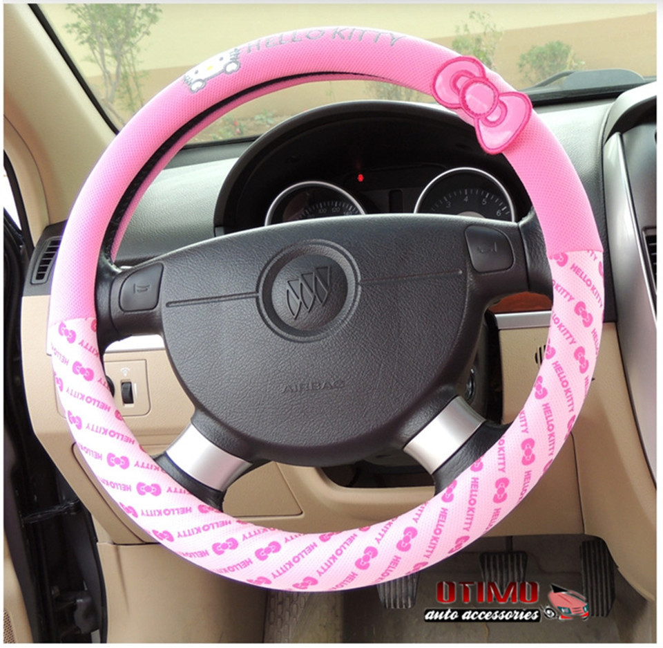 Car Styling Hello Kitty Car Steering Wheel Cover Cartoon Cute Pink Hello Kitty Profile Universal Interior Accessories Set Women