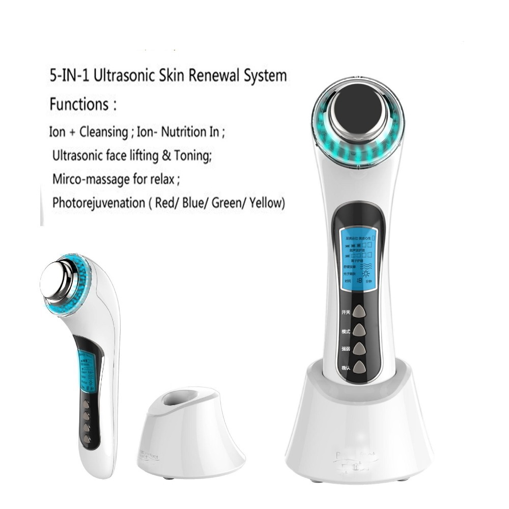 Фотография Free Shipping Rechargeble 5 in 1 Skin Renewal System Ultra Sound+High Frequency + Ion+Photon Vibration  Facial Massager Roller