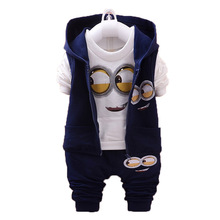 Minion Kids Sets 2015 Autumn Despicable Me Clothes Loose Zipper Sweatshirt 3Pcs Set Full Cotton Casual Printed Boys Hoodies Set