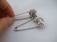 10x Silver Tone Strong Metal Kilt Scarf Brooch Safety Pin With Lucky Buddha Head 14*16mm