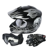 DOT Youth Kids ATV Motocross Dirt Bike Black Skull Helmet w / Goggles + Gloves S M L