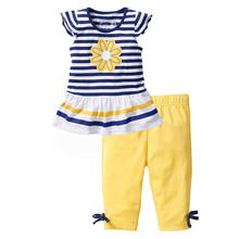 2015 New Girls Clothing Sets Baby Kids Clothes Suit Children Short Sleeve Striped T Shirt Pants