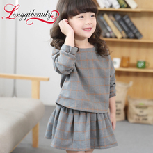 2015 Autumn New Girls Long Sleeve Skirt Suits Baby Girls Fashion Plaid England Style Skirt Sets Cute Autumn Girls Clothes Sets