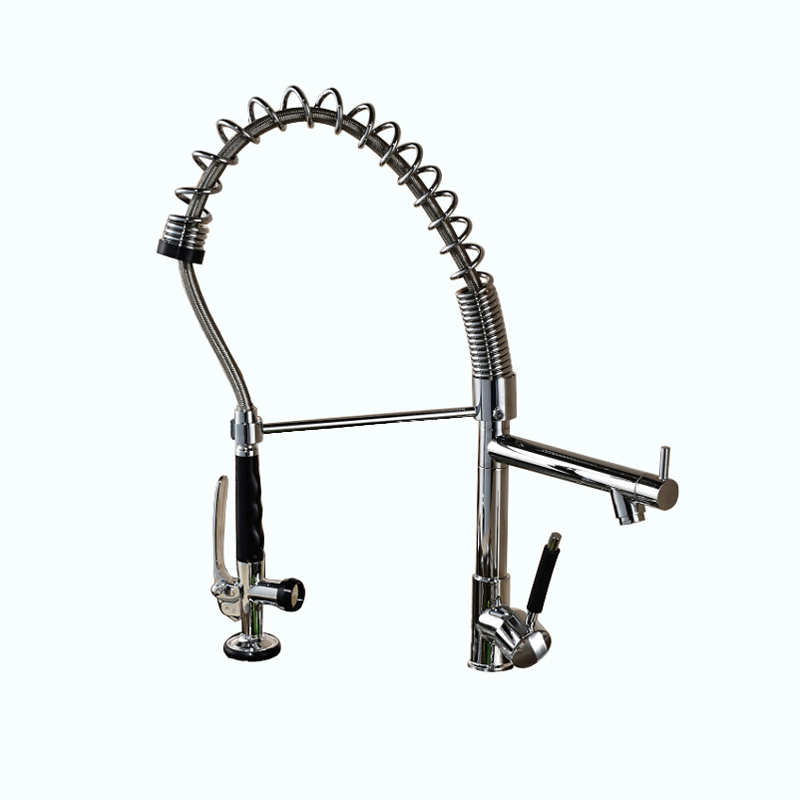 Deck Mount Brass Spring Kitchen Faucet with Two Spouts Chrome Finish Kitchen Wash Taps