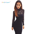 Turtleneck Long Sleeve Lace patchwork Sexy Club Bandage Dresses 2016 Autumn Women Elastic Elegant Party Dress