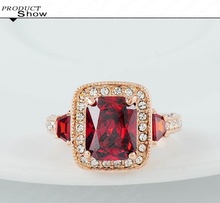 LZESHINE Vintage Red Square Stone Wedding Ring 18K Rose Gold Women Ring SWA Elements Free Shipping
