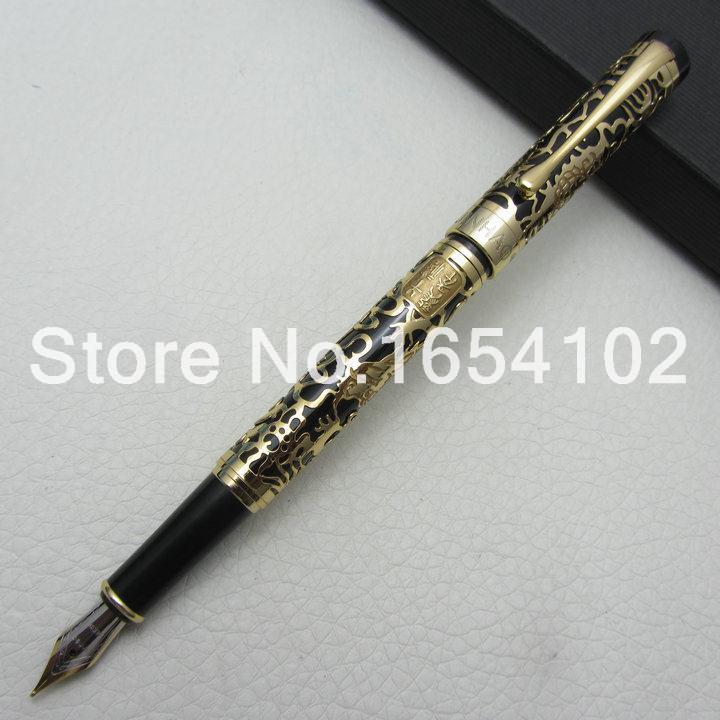 Jinhao Black and Embossed golden dragon High Quality Medium Nib Fountain Pen with gift box J1051
