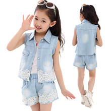 New Arrival 2016 Girls Shorts Set Hot Sale Summer Girls Denim Shorts 2 Pcs Girls Clothing Set Kids Lace Vest Shorts Set