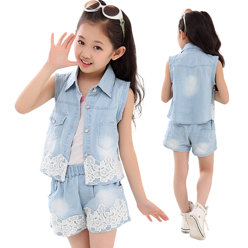 New arrival 2015 summer girls denim lace vest waistcoat shorts set children's denim vest clothing set