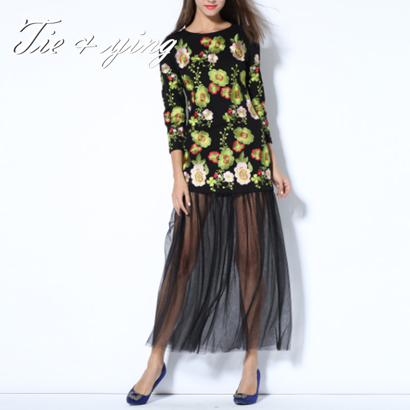 Sexy long black dresses for women 2015 autumn & winter America Europe fashion runway luxury brand elegant embroidery maxi dress