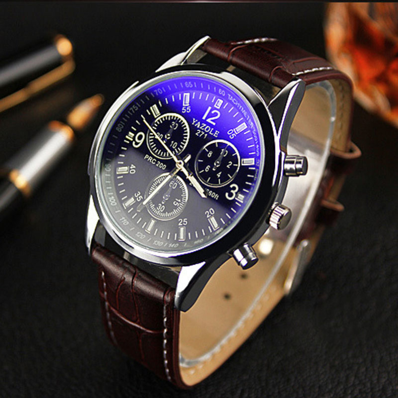 Splendid Luxury Fashion Faux Leather Men Blue Ray Glass Quartz Analog Watches Casua Cool Watch Sinobi