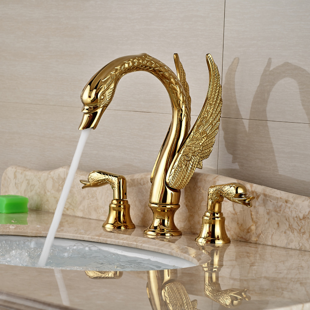 Soild Copper Gold Finish Bathroom Faucet Luxury Golden Swan Shape Basin Tap Dual Handle Deck Mount