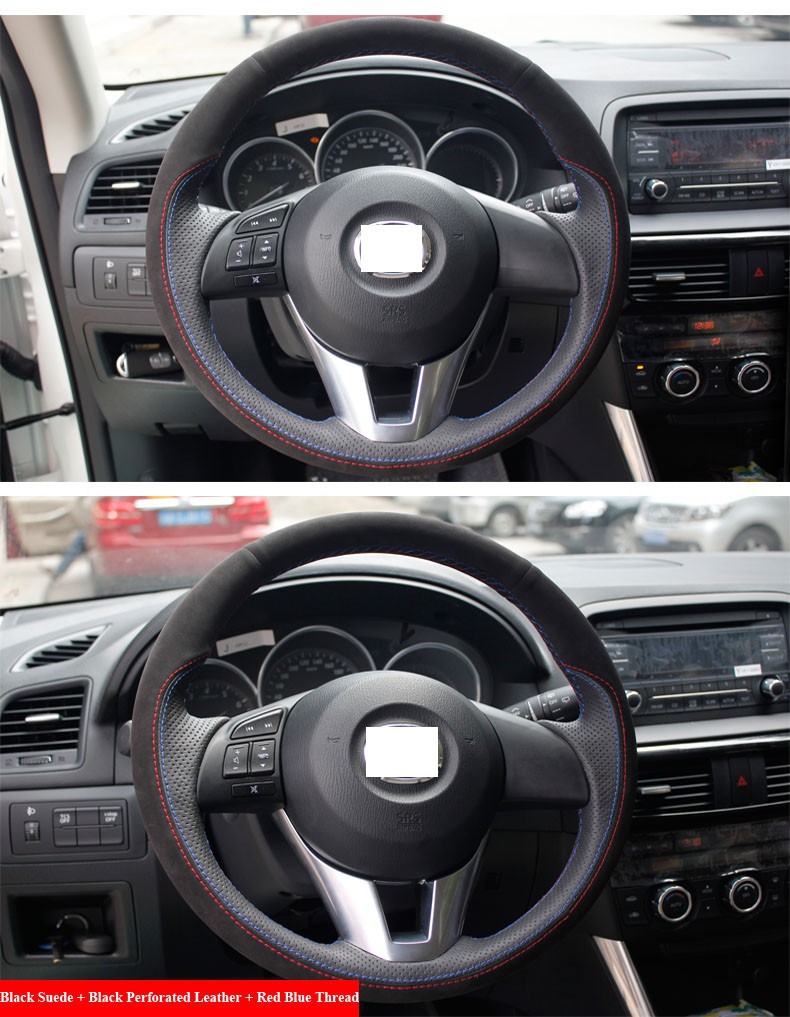 for Mazda CX-5 CX5 Mazda Atenza 2014 Mazda 3 Black Leather Black Suede Steering Wheel Cover Red Blue Thread