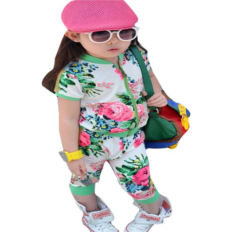 Sale Aones Girls rimmed flower print sport girl clothing sets zipper outerwear haren pants 2pcs summer