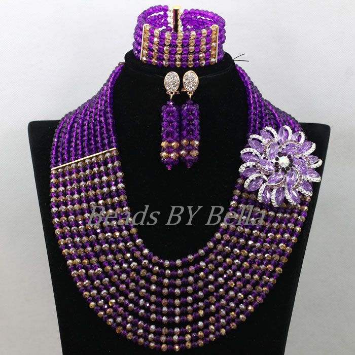 Pretty African Wedding Beads Women Party Jewelry Set Purple Gold Crystal Beads Nigerian Fashion Necklace Free Shipping ABK526