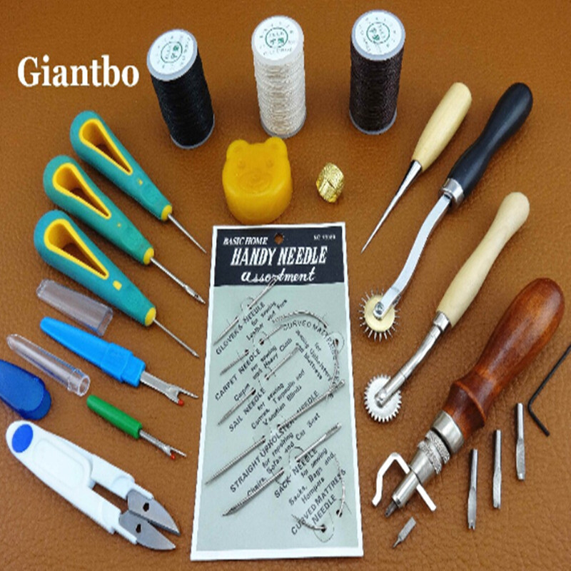 16 Sewing Tools Kit Awl Scissors Rotary Cutter Blade Leathercraft-F
