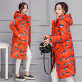Winter Women Long Coat Thicken Down Cotton Birds Printed Winter Jacket Warm Woman Coat Hooded For