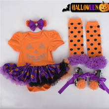 Retail 2015 Halloween dress for newborn baby girl 4pcs/set halloween ghost baby clothes jumpsuits+band+shoes+socks free shipping