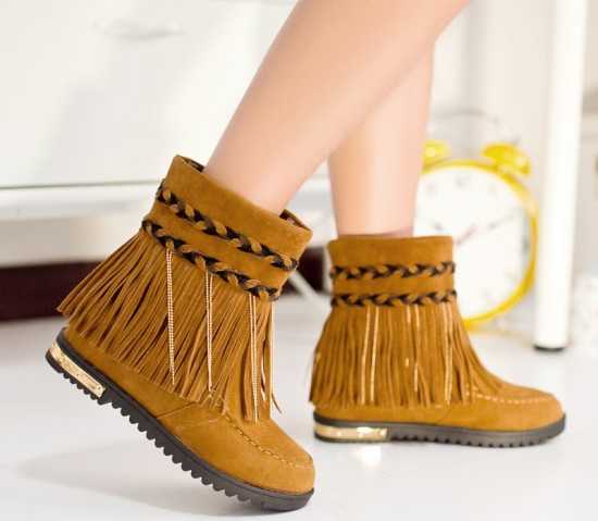 2015 Top Brand Real Leather Suede Shoes Winter Women Ankle Boots Tassel Fringe Heels Fashion Height Increasing Shoes Flock H5301