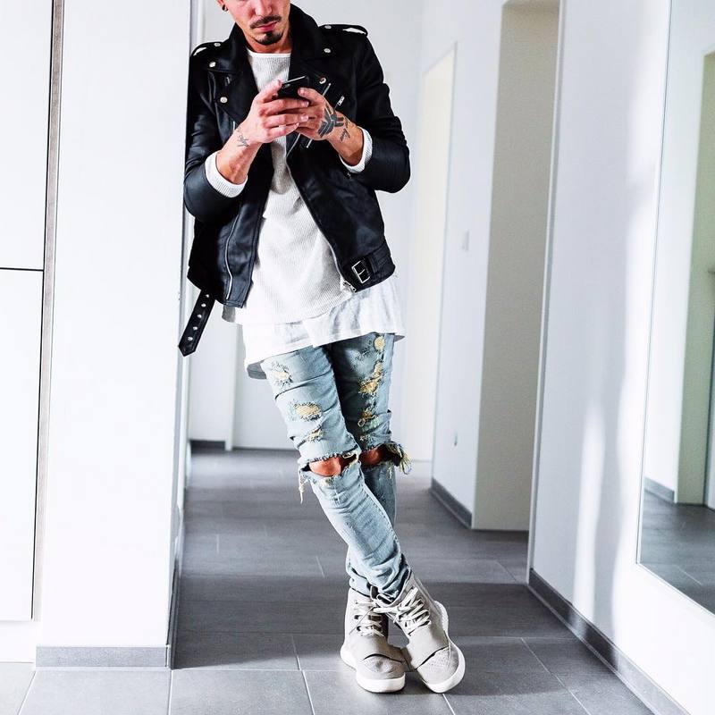 Mens Skinny Jean Destroyed Ripped Stretch Fit Denim Rocker Biker Distressed Pant