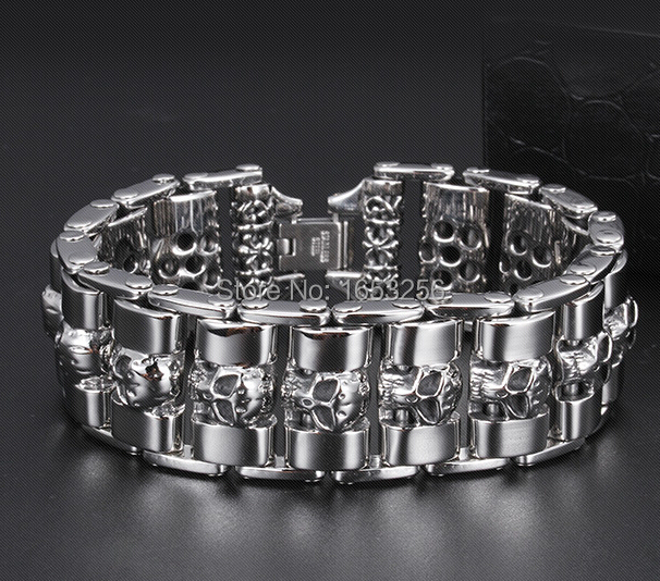 Stainless Steel Fashion Wide Skull Bracelet, 8.3 X 0.9 In