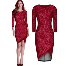 Bodycon Floral Lace Dress O-Neck 3/4 Sleeve Formal Bussiness Party Dresses