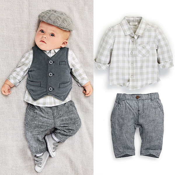 Child Clothes Newborn baby boy Grey Waistcoat + Pants + Shirts clothes sets Suit 3PCS
