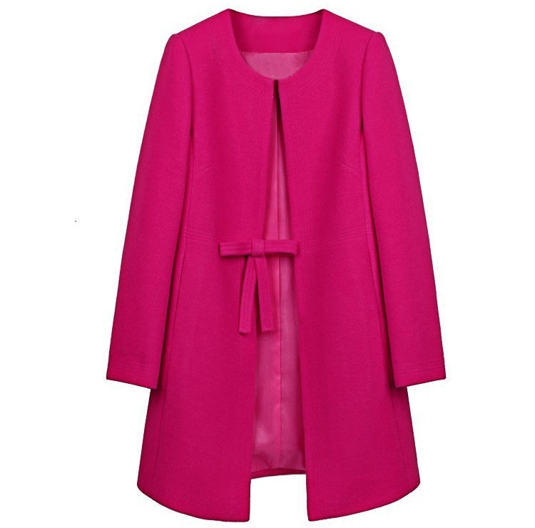 Women Woolen Slim Jacket Winter Coat Plus Size Female Long Sleeve Round Neck Bowknot Warm Fashion Overcoat (3)