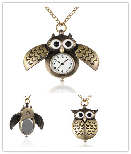 Pocket Watch Alloy Cute Open Close Wing Owl Pendant Necklace Quartz With Iron Chains And Lobster