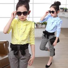 Autumn Baby Girls Clothing Sets Vetement Fille Blouse+Gray Plaid Pants Children Clothing 4-14 Years Old Conjunto Infantil Menina