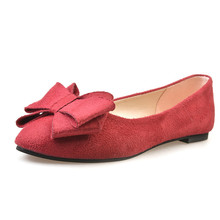 2016 Street Fashion Solid Bowtie Suede Boat Shoes Slip On Flat Red Shoes Women Pointed Toe Non-slip Rubber Base Sapato Feminino