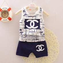 Children Set Korean version Boys and girls printing 2pcs sleeveless t-shirt + shorts suit 2016 new brand summer vest Set