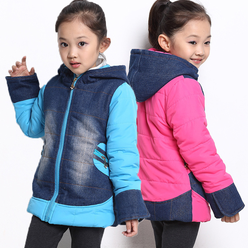 Free shipping Winter new arrival girl thickening and wool cowboy splicing cotton-padded outerwear girl coat children clothing