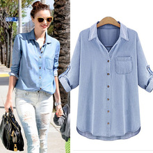 Spring 2016 New Fashion Women Denim Blouse Vintage Casual Long-sleeve Turn-down Collar Loose Thin Cotton Denim Shirt Plus Size