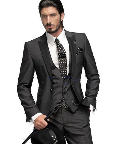 3-1 Charcoal Grey Groom Tuxedos Best Man Peak Black Lapel Groomsmen Men Wedding Suit 