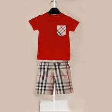 High quality 2pcs boys clothing set summer style 2015 new brand short sleeve t shirt plaid