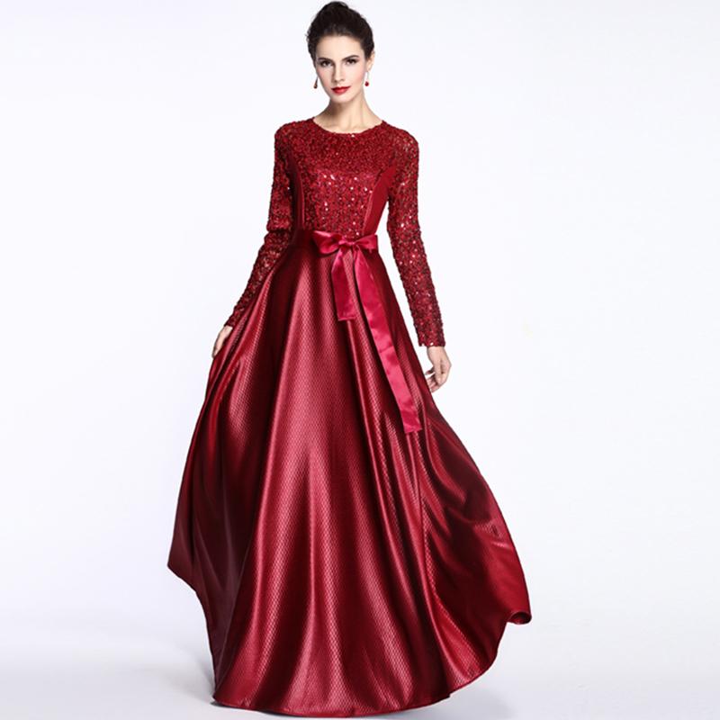 Luxury Dress 2016 Spring Autumn Brand Runway Fashion Sequined Full Sleeve Floor-Length Belt Patchwork Black / Red Elegant Dress