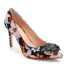 Summer New 34-43 Big Size Flower High Heels For Women Genuine Leather Frora High Heels Pink Shoes Slip On Rhinestone Party Pumps