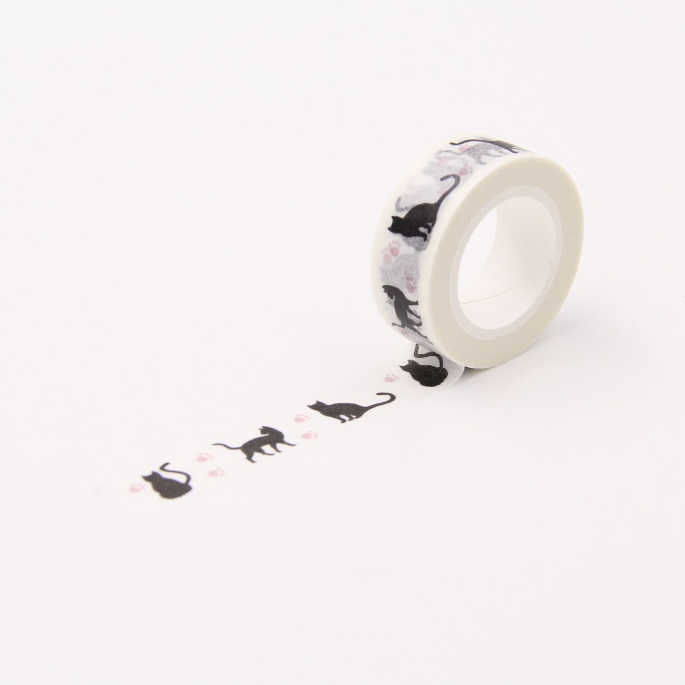 Black Cat Decrative Tapes 1.5 x 10m Washi Paper Masking Tape DIY Labeling Floral Stickers Scrapbooking