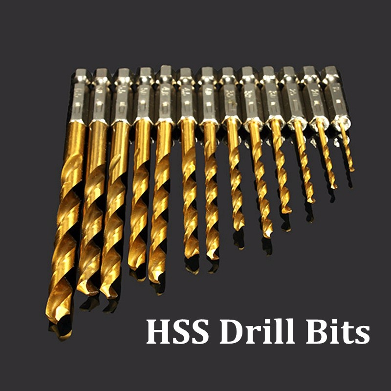 13Pcs/Set Twist Drill Bit 1.5-6.5mm High Speed Steel Titanium Coated 1/4 Inch Hex Shank For Wood Drilling Power Tools