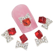 10pcs New Design 3D Nail Art Red White Rhinstone Bow Charm Glitter Bowknot Nail Gel Material Nail Accessori Sticker MA0111