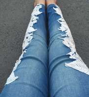Elina 2015 Fashion harajuku crochet lace skinny robin jeans monos pantalones mujer femme denim pants famous macacao s m l